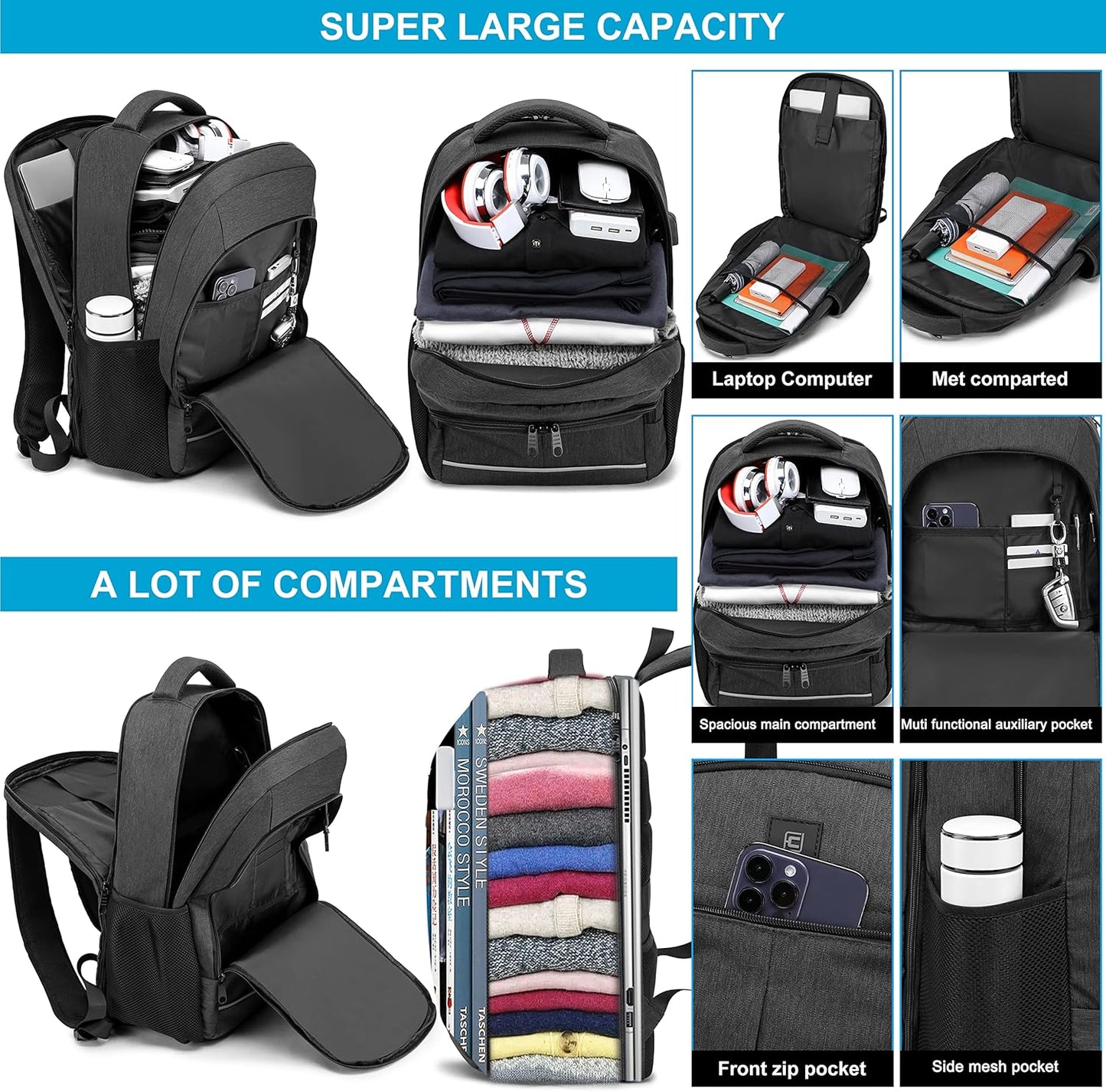 17.3 Inch Laptop Backpack, School Backpack,Large TSA Travel Carry on Backpack,College Student Bookbag with USB Port,Teenagers Water Resistant Computer Bagpack Gift for Men Women,Grey