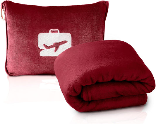 EverSnug Travel Blanket and Pillow - Ultra-Soft, Compact & Lightweight, 65x40 Inches, with Carry Case, Luggage Sleeve & Backpack Clip for Airplane Comfort (Burgundy)