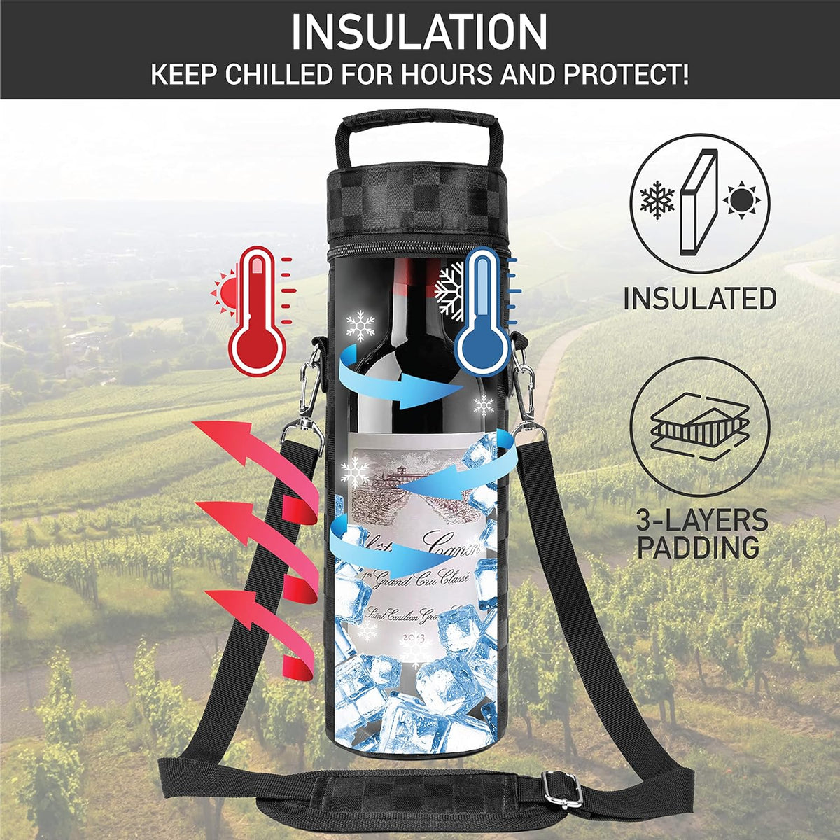 opux Wine Bag Single Bottle Carrier Tote, Insulated Wine Cooler Bag for Travel Picnic Beach with Shoulder Strap, Thermal One Bottle Holder Carrying Case Wine Gift for Women Men, Black Squares