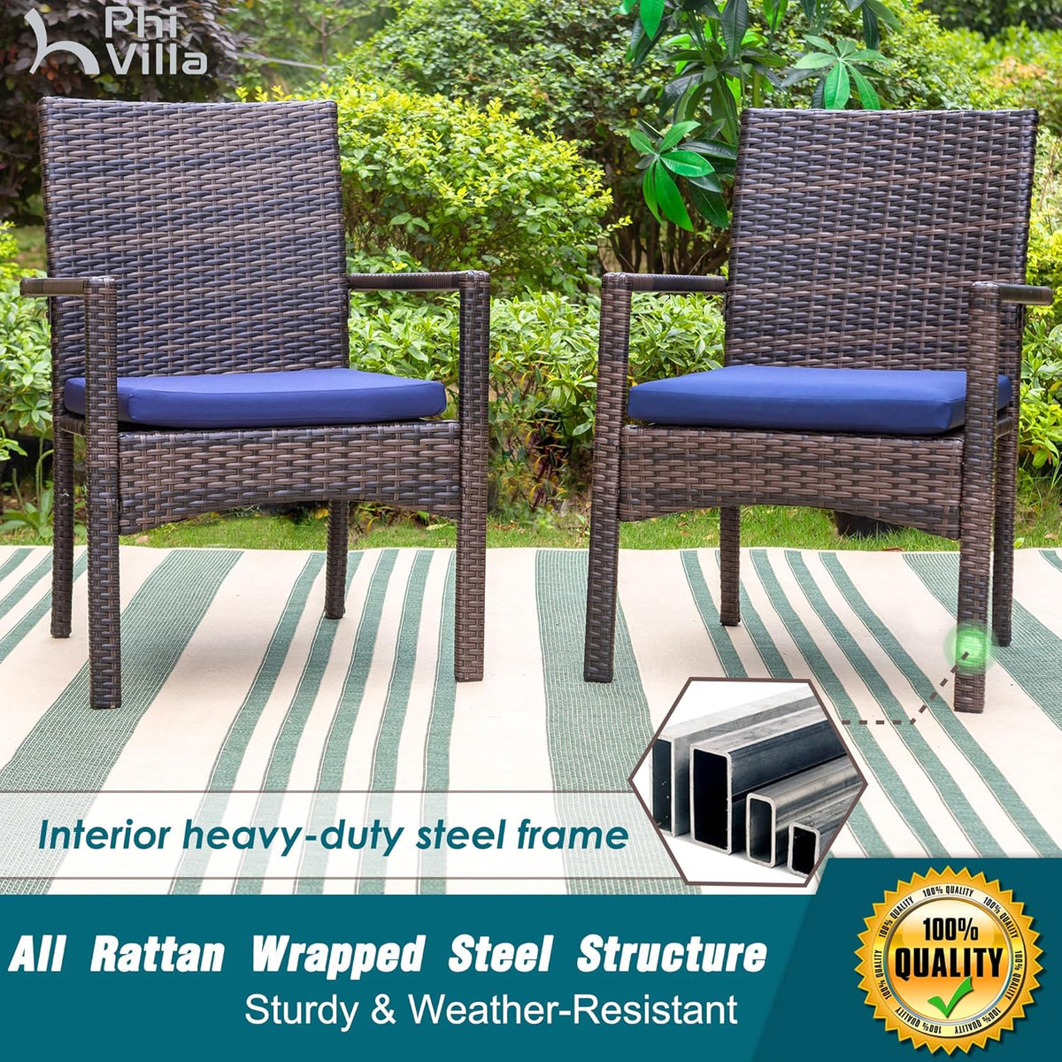 PHI VILLA Patio Wicker Chair Set of 2, Outdoor Modern PE Rattan Armchair with Removable Cushions for Deck, Porch, Balcony