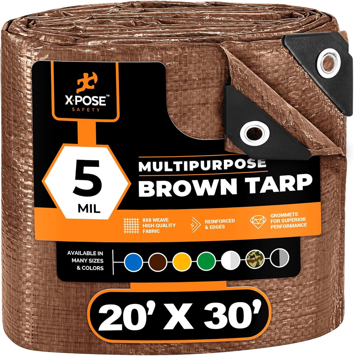 Multipurpose Protective Cover Brown Poly Tarp 20' x 30' - Durable, Water Resistant, Weather Resistant - 5 Mil Thick Polyethylene - by Xpose Safety