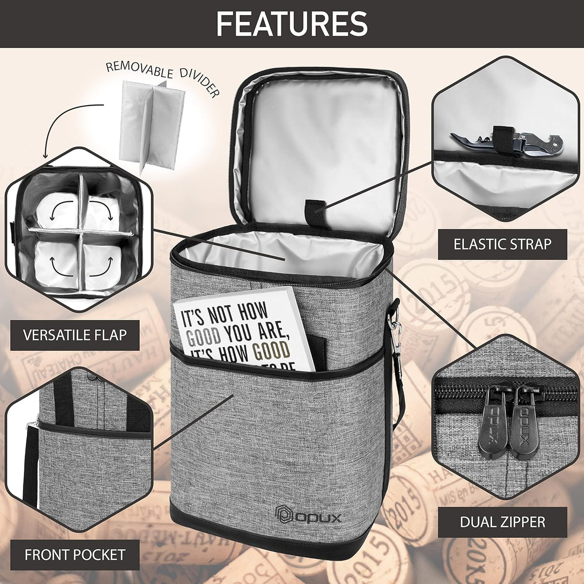 Opux 4 Bottle Insulated Wine Cooler Bag - Leakproof Padded Portable Wine Bottle Tote for Travel Picnic BYOB - Heather Gray