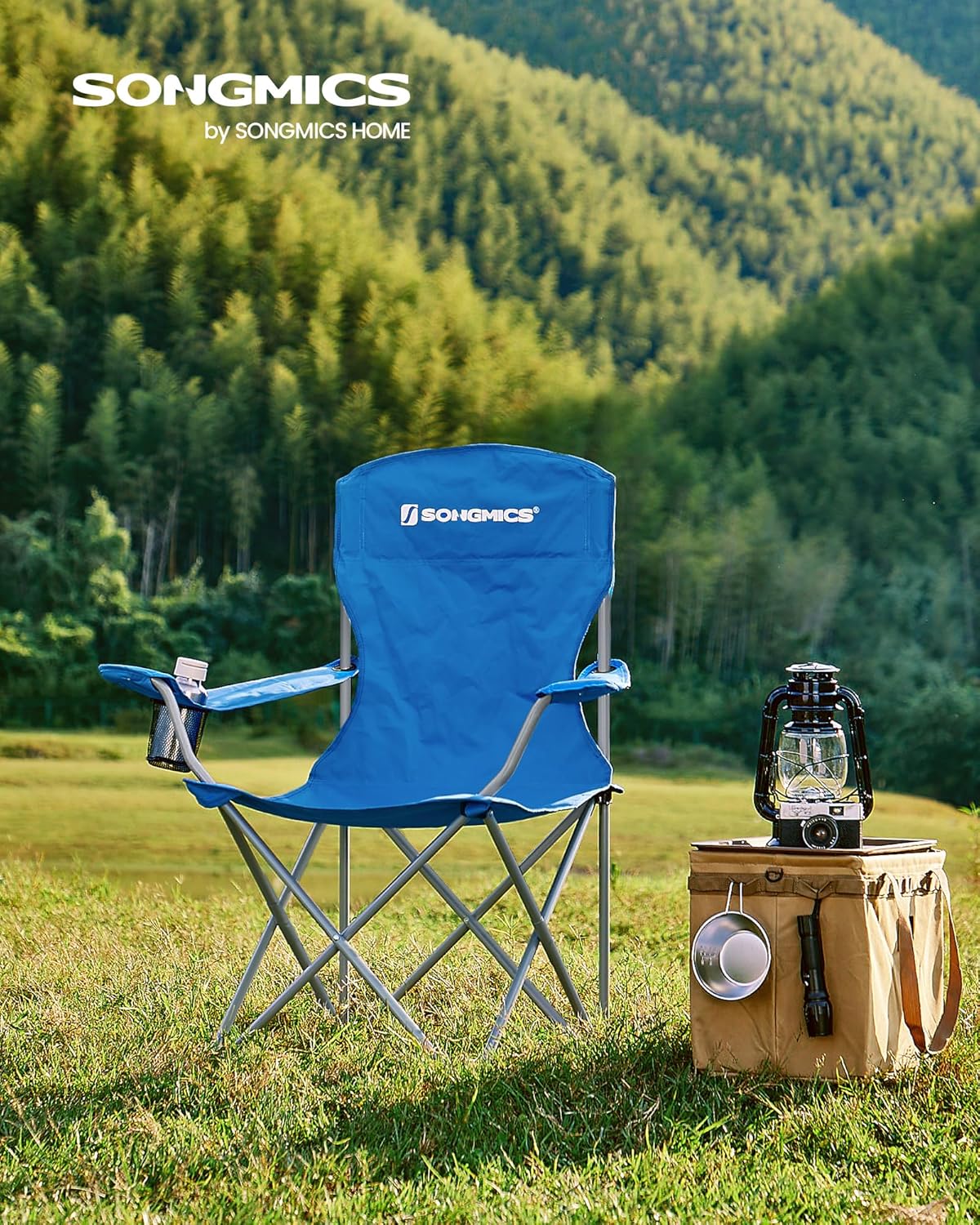 SONGMICS 2 Pack Folding Camping Chairs, Load 330 lb, Cup Holder and High Backrest, Heavy-Duty Structure, for Lawn, Garden, Fishing, Terrace