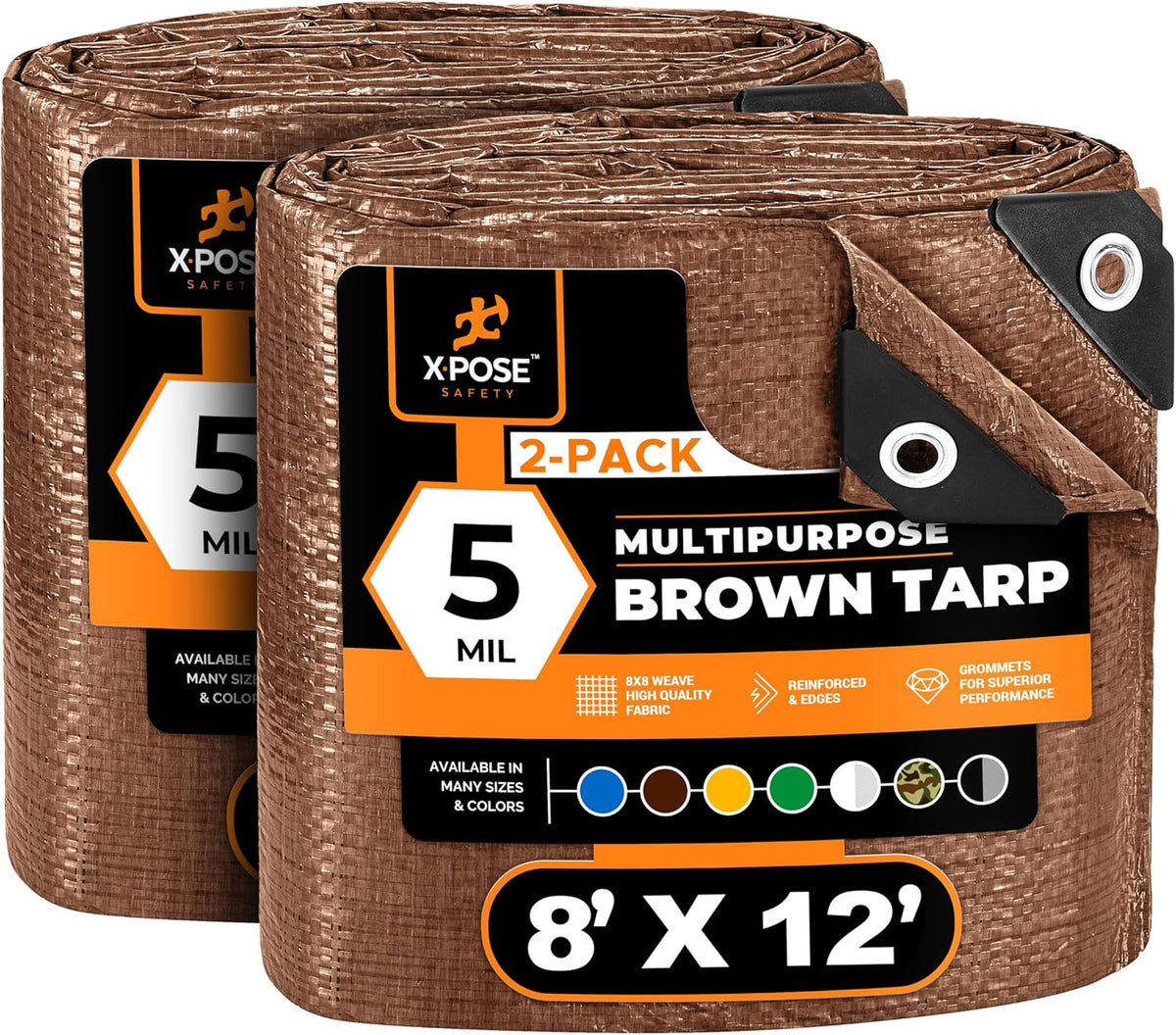 Multipurpose Protective Cover Brown Poly Tarp 8' x 12' (2-Pack) - Durable, Water Resistant, Weather Resistant - 5 Mil Thick Polyethylene - by Xpose Safety