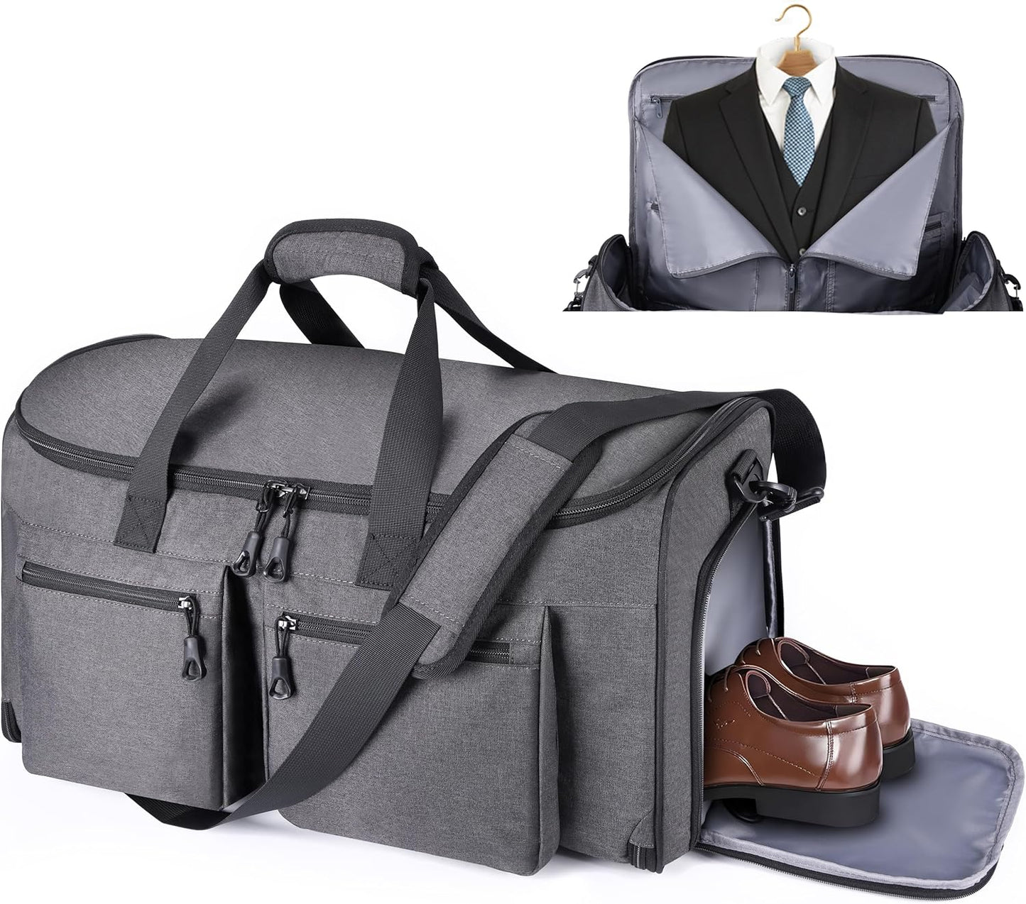 Convertible Duffle Bags for Travel Carry On Suit Duffle Bags with Shoulder Strap 2 in 1 Hanging Garment Duffle Bag for Men Women (Grey)