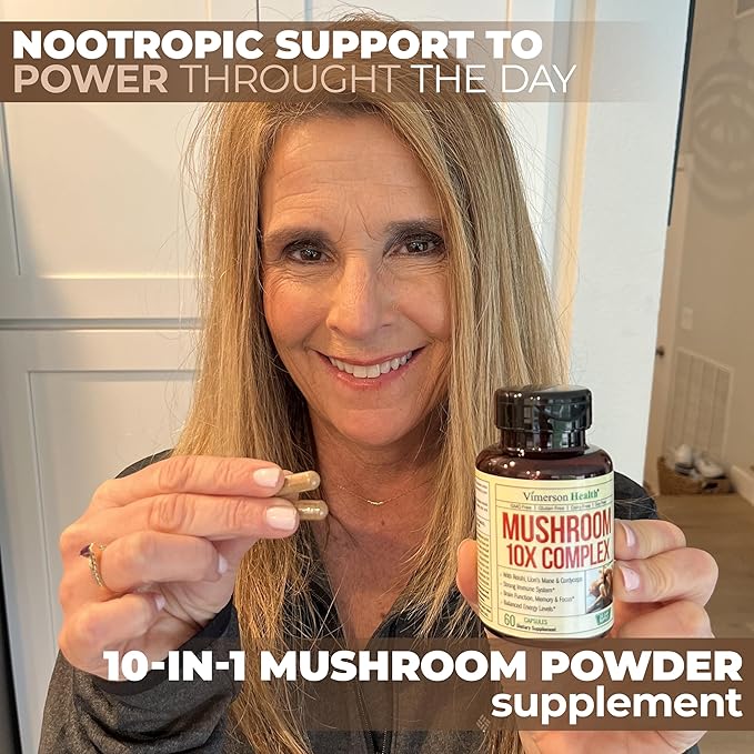 10-in-1 Mushroom Powder Supplement - Lion’s Mane Powder, Reishi Mushroom, Cordyceps, Chaga & more. Mushroom Complex Capsules for Memory, Focus, Immune Support, Energy. 60 Turkey Tail Mushroom Capsules
