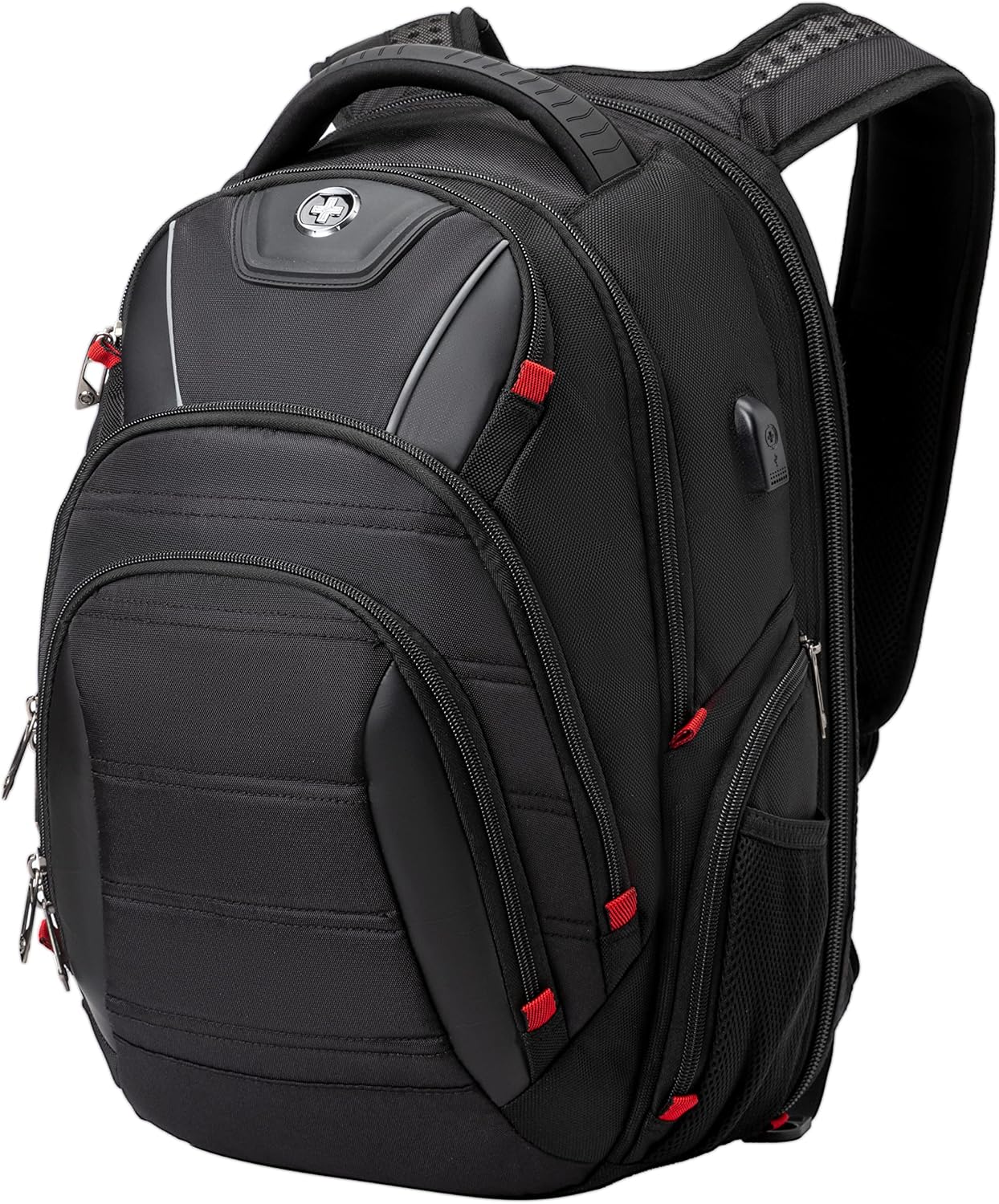 Swissdigital Design Travel Backpack for men, TSA Friendly USB Charging RFID Protection Business Backpack Fits 15.6" Laptops Black | J14-BR