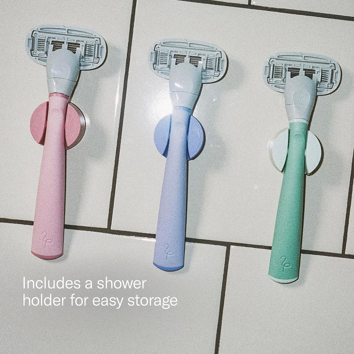 Flamingo Shaving Razor Set for Women - Original Razor Handle, 2 Blade Refills, Foaming Shaving Gel, and Shower Holder - Sage