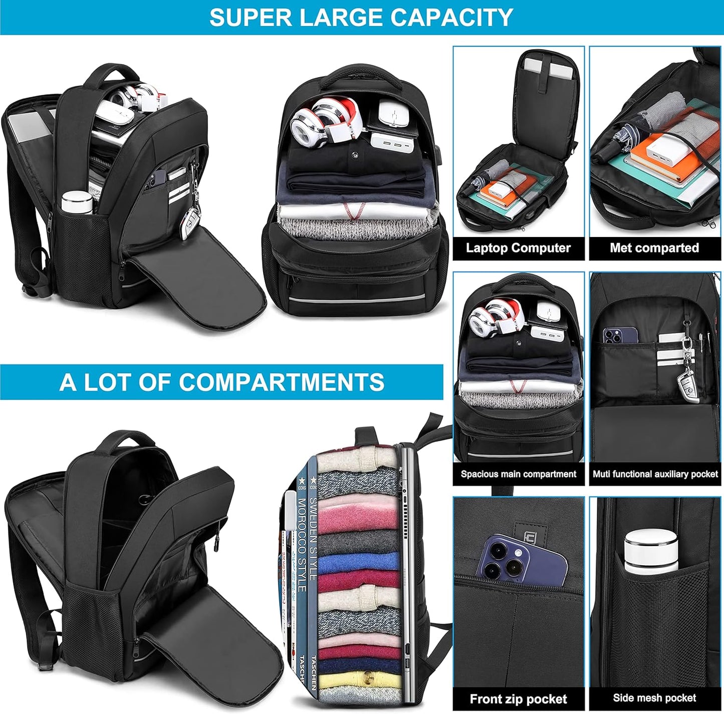 Backpack, Laptop Backpack, Carry on Backpack, Durable TSA Friendly Business Travel 17.3 Inch Laptop Backpack with USB Port, College School Bag Gift for Men Women Teens Bookbag, Black