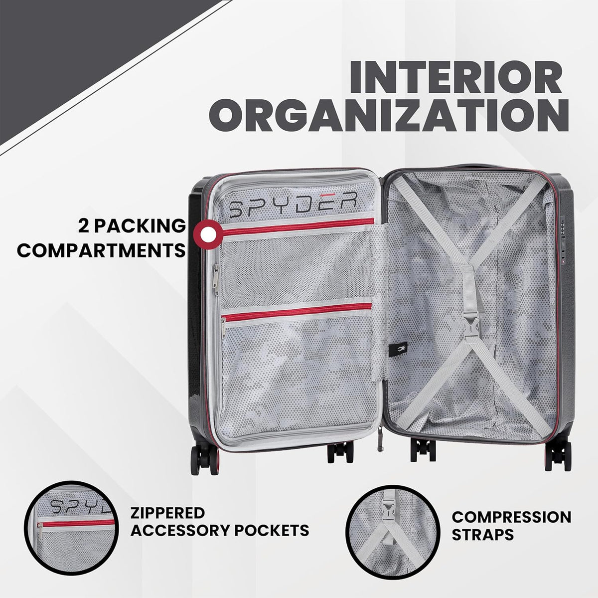 Spyder Traverse 3 Piece Luggage Set, 360° Spinner Wheels, TSA Approved Lock, (20 Inch Carry On, 25 Inch Medium, 29 Inch Large), Charcoal