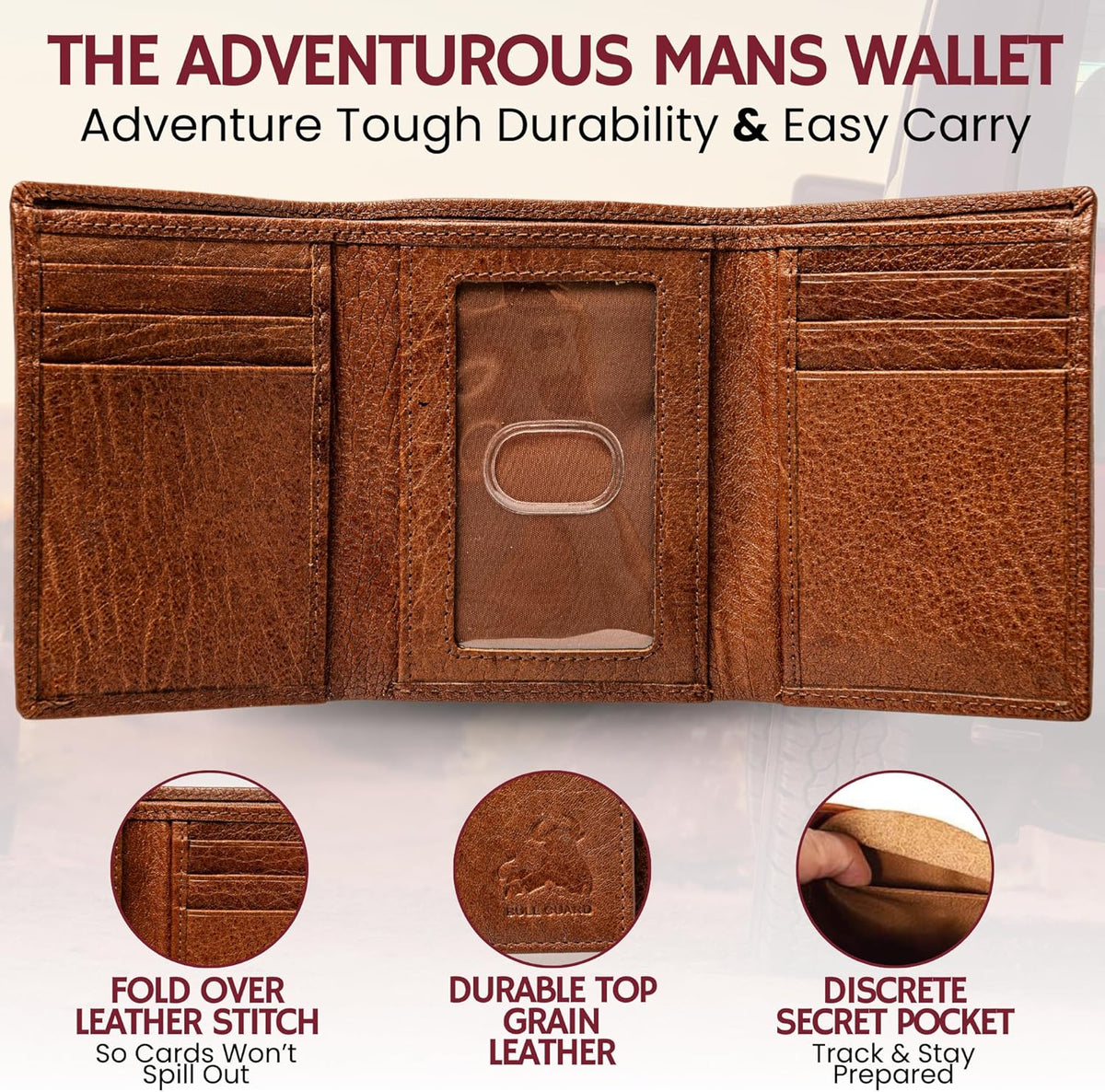 BULL GUARD Leather Trifold Wallets For Men with ID and RFID Blocking Great For Work, Sports, Outdoors