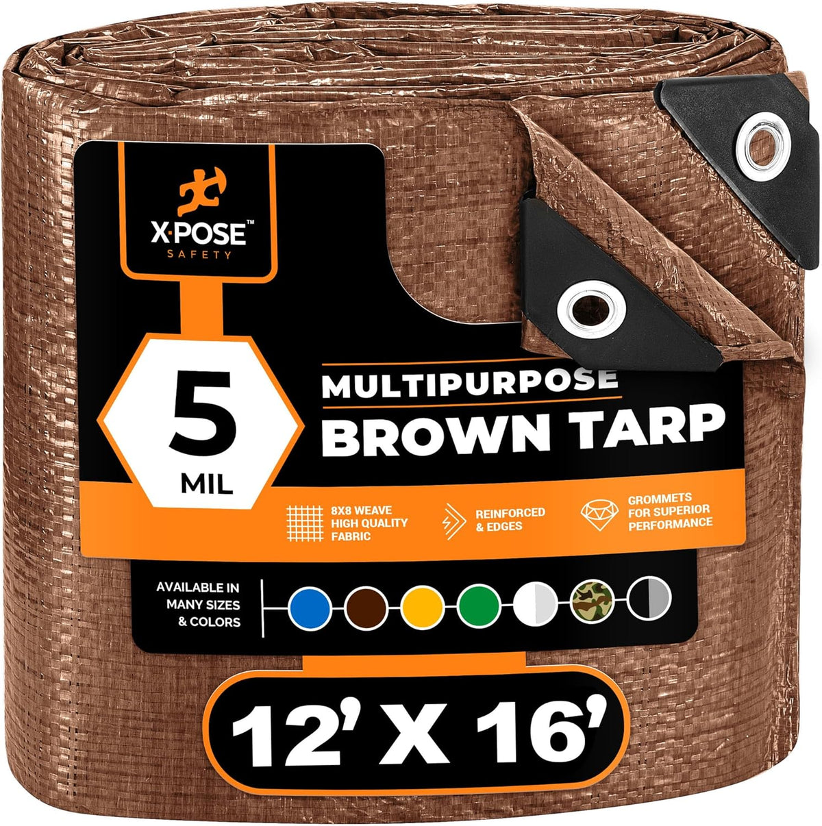 Multipurpose Protective Cover Brown Poly Tarp 12' x 16' - Durable, Water Resistant, Weather Resistant - 5 Mil Thick Polyethylene - by Xpose Safety