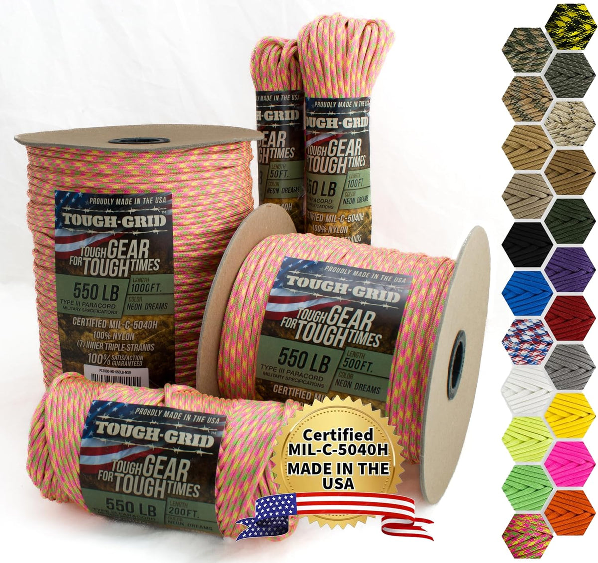 TOUGH-GRID 550 Paracord Rope Nylon Parachute Cord, Made in USA Survival Kit, Outdoor Adventures, Camping, Tactical Gear & Emergency Supplies, Military Type III Mil-Spec