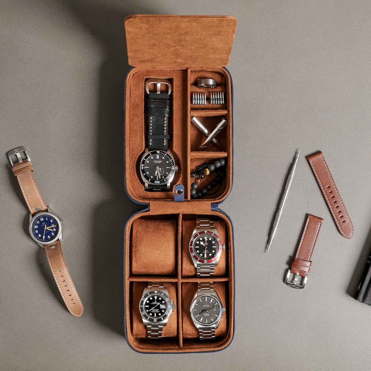 ROTHWELL 5 Watch Travel Case Storage Organizer for 5 Watches | Tough Portable Protection w/Zipper Fits All Wristwatches & Smart Watches Up to 50mm (Blue/Tan)