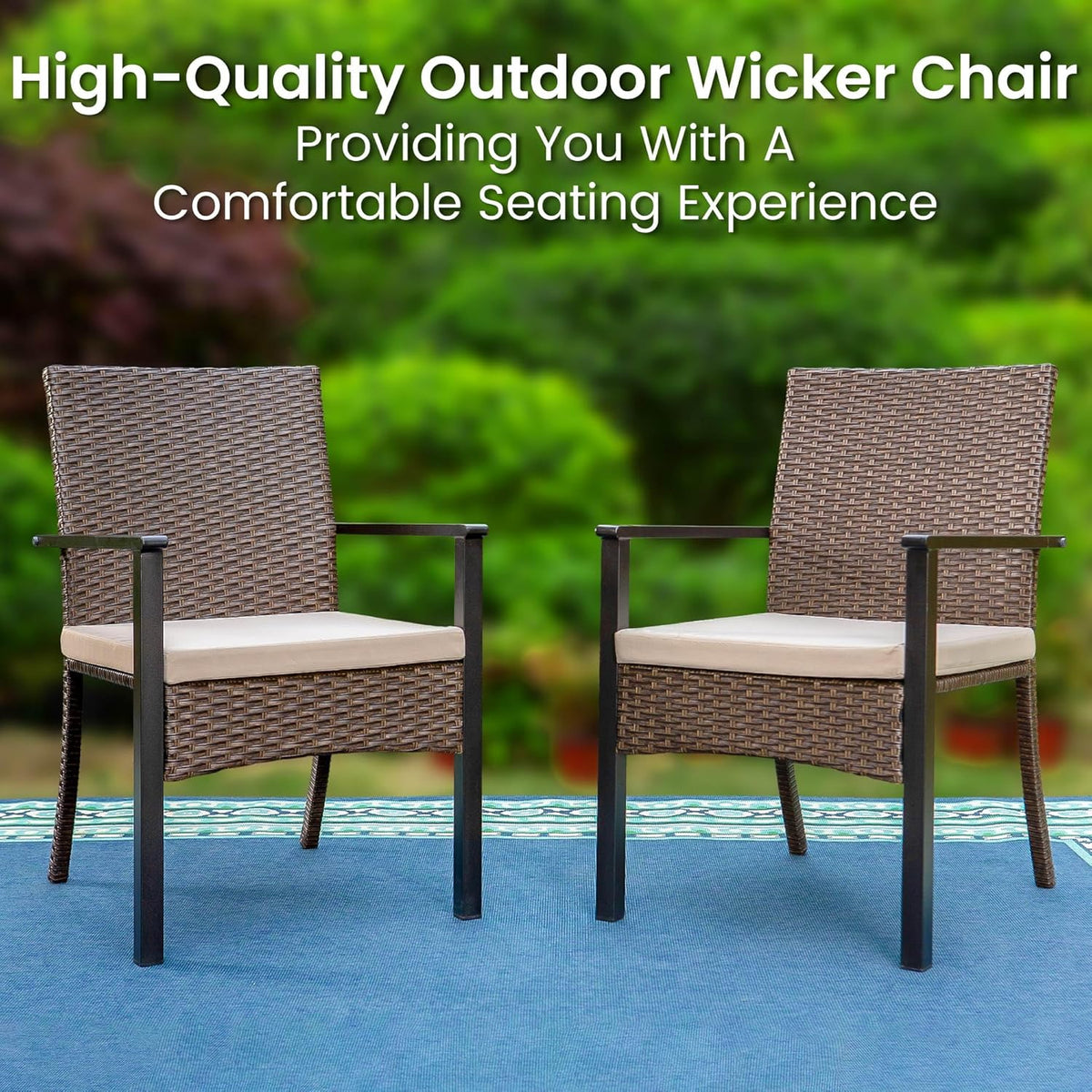 PHI VILLA Outdoor Wicker Chairs Set of 2, Rattan Covered Metal Armchairs with Removable Cushion, Heavy Duty Furniture Set for Patio, Deck, Porch, Yard