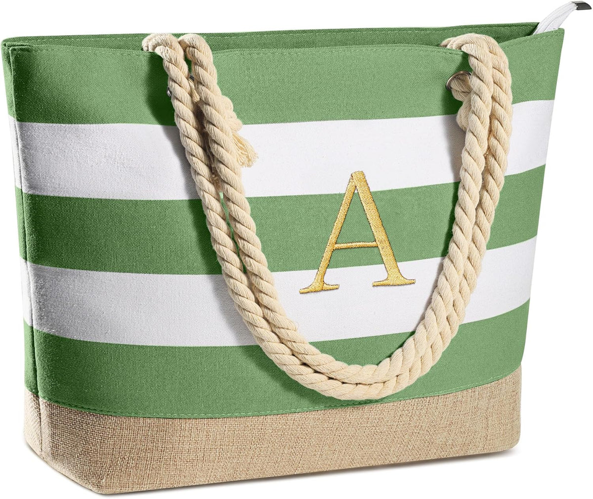 YOOLIFE Initial Canvas Waterproof Beach Tote Bag Zipper Personalized Gifts for Women Her Birthday Travel Beach Essential