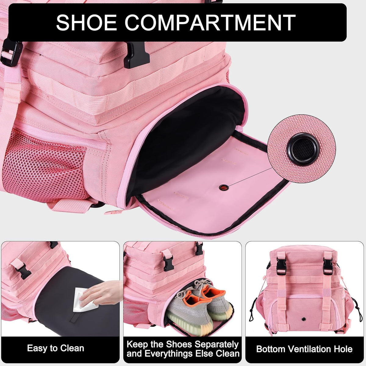 LHI Military Tactical Backpack for Men and Women 45L Army 3 Days Assault Pack Bag Large Rucksack with Shoe Compartment - Pink