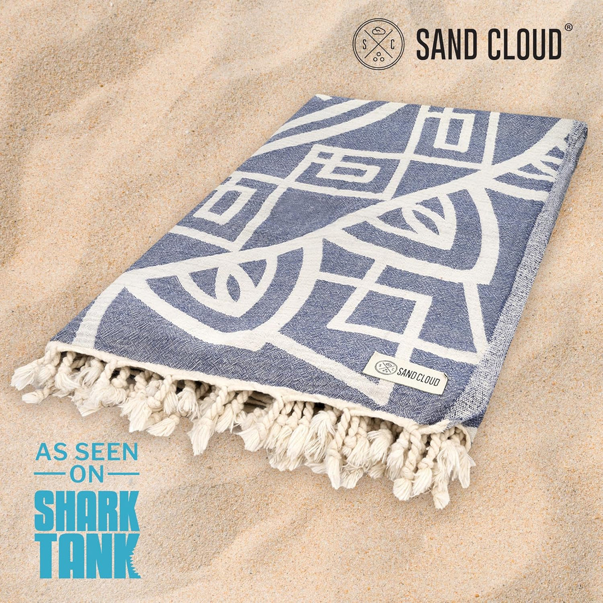 Sand Cloud Extra Large Turkish Beach Towel - Sand Free - 100% Organic Turkish Cotton Yarn - Quick Dry Towel for Beach, Picnic, Blanket or Bath - As Seen on Shark Tank - Cool Glacier (Navy)