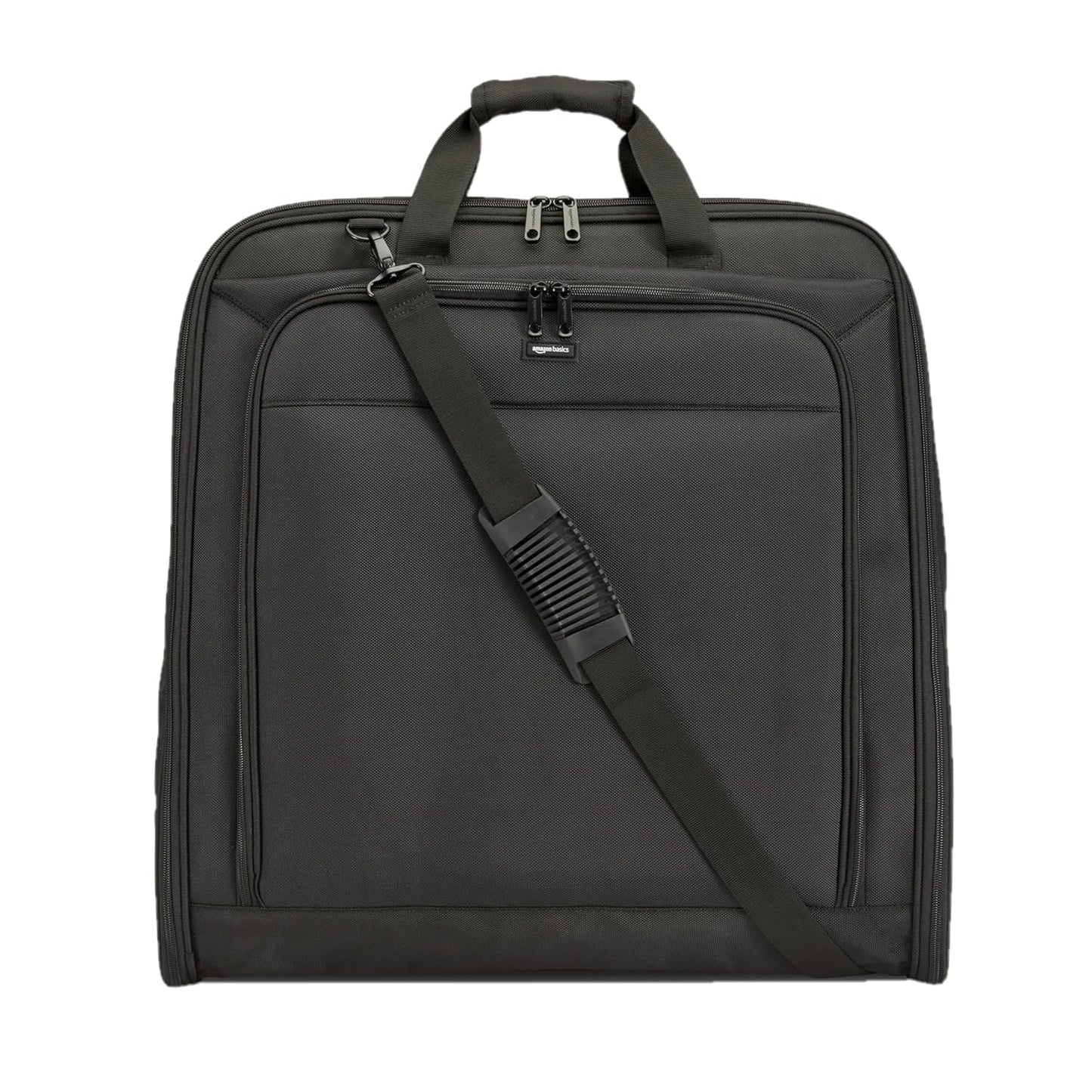 Amazon Basics 46" Premium Garment Bag for Travel, Suit Bag with Shoulder Strap for Suits and Dresses, 1680D Polyester Fabric, Exterior/Interior Pockets, Leather-reinforced Corners, Trifold, Black