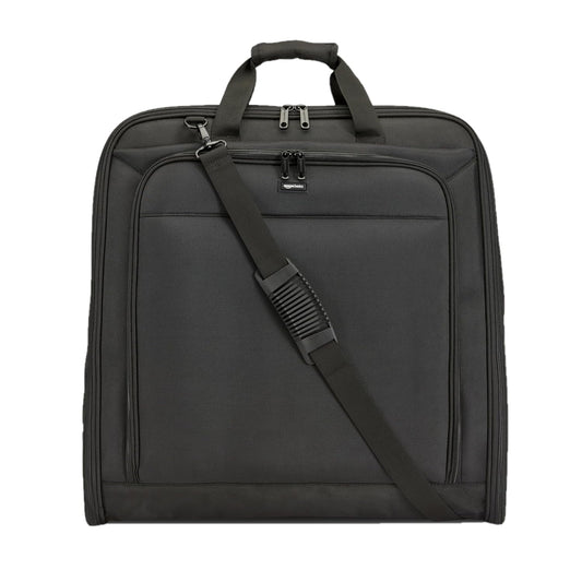 Amazon Basics 46" Premium Garment Bag for Travel, Suit Bag with Shoulder Strap for Suits and Dresses, 1680D Polyester Fabric, Exterior/Interior Pockets, Leather-reinforced Corners, Trifold, Black