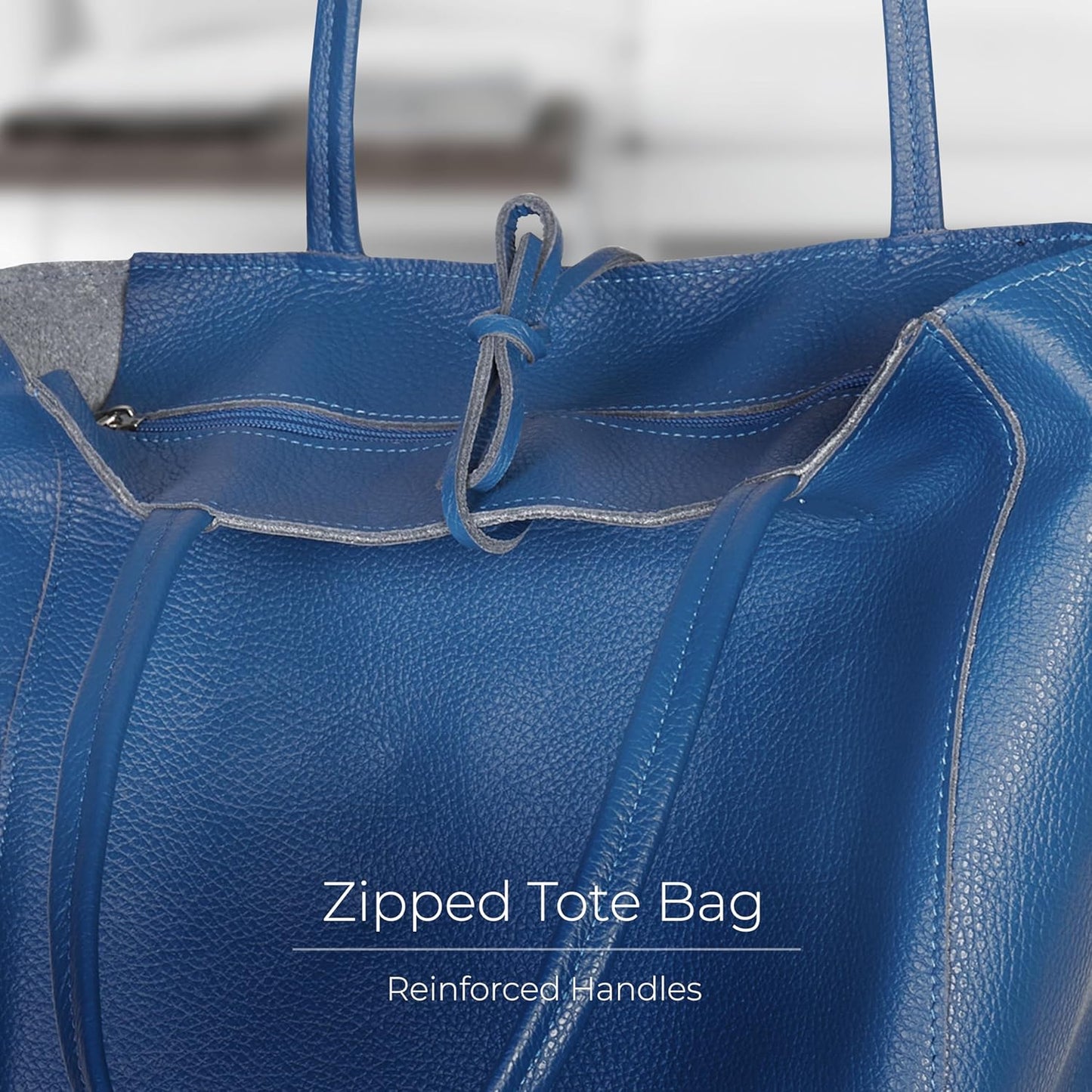 Italian Calf Leather Tote for Women with Zipper, Inner Pocket & Flat Base | Soft Unlined Shopper for Work & Travel