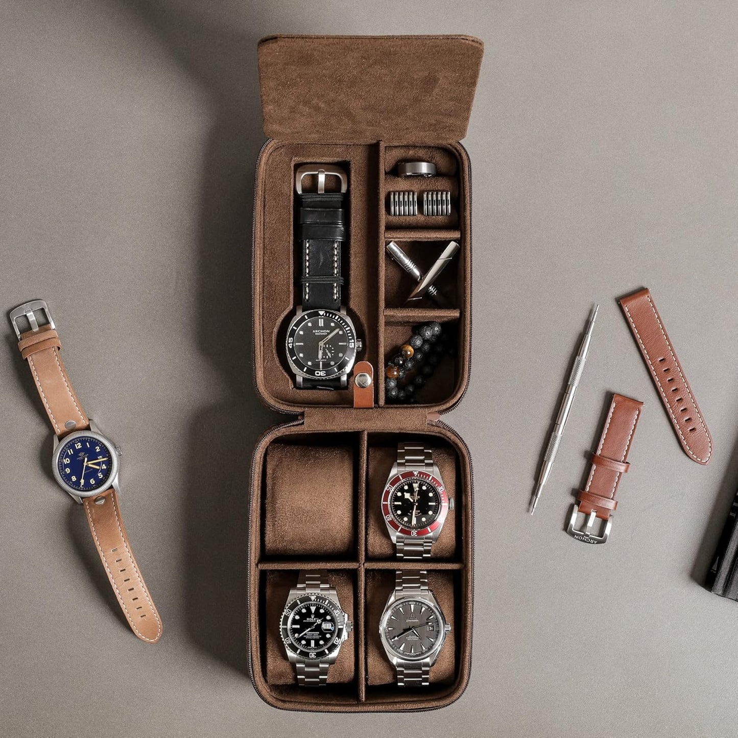 ROTHWELL 5 Watch Travel Case Storage Organizer for 5 Watches | Tough Portable Protection w/Zipper Fits All Wristwatches & Smart Watches Up to 50mm (Tan/Brown)