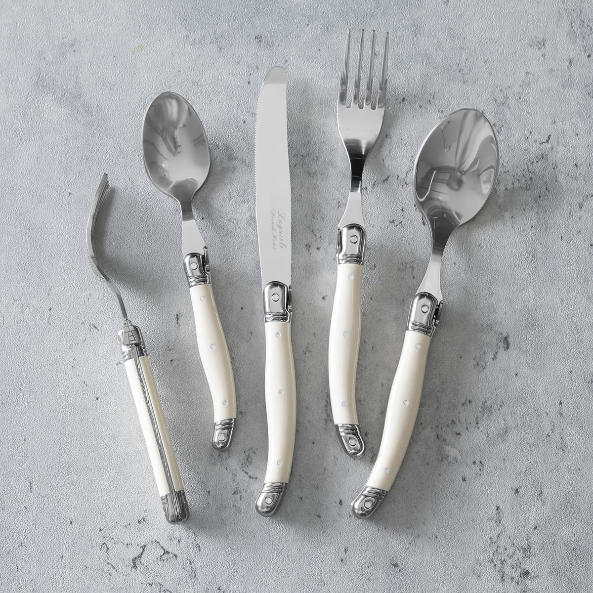 French Home Laguiole 20 Piece Flatware Set – 18/10 Stainless Steel Flatware Set for 4 – Luxurious Ivory-Colored Utensil Set w/Knives, Spoons and Forks