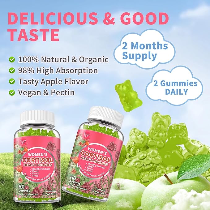 (2 Pack) Cortisol Gummies for Women,Cortisol Manager with Ashwagandha,Magnesium,L-theanine,Phosphatidylserine,Rhodiola Rosea,Black Pepper for Mood Support,Sleep,Apple Flavor,60 Day Supply