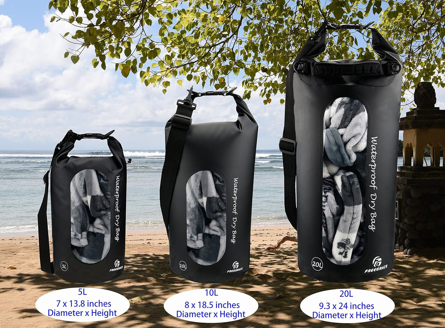 Freegrace Waterproof Dry Bags Set of 3 Dry Bag with 2 Zip Lock Seals & Detachable Shoulder Strap, Waist Pouch & Phone Case - Can Be Submerged Into Water - for Swimming (Black(Window), 10L)