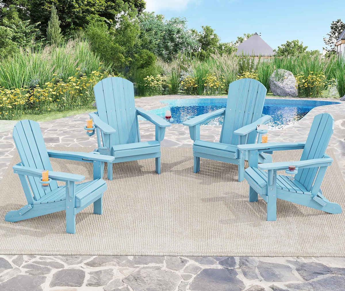 SERWALL Adirondack Chair with Cup Holders - Composite Adirondack Chairs Set of 6 HDPE Outdoor Chairs All Weather Use- Light Blue