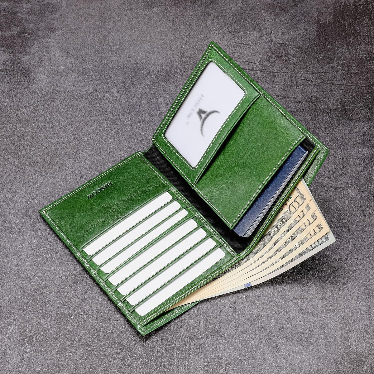 HISCOW Italian Leather Passport Holder for Travel - RFID Blocking Wallet Cover with Secure Organizer for Men & Women, US & Foreign Trips, Green Vegetable-Tanned Leather