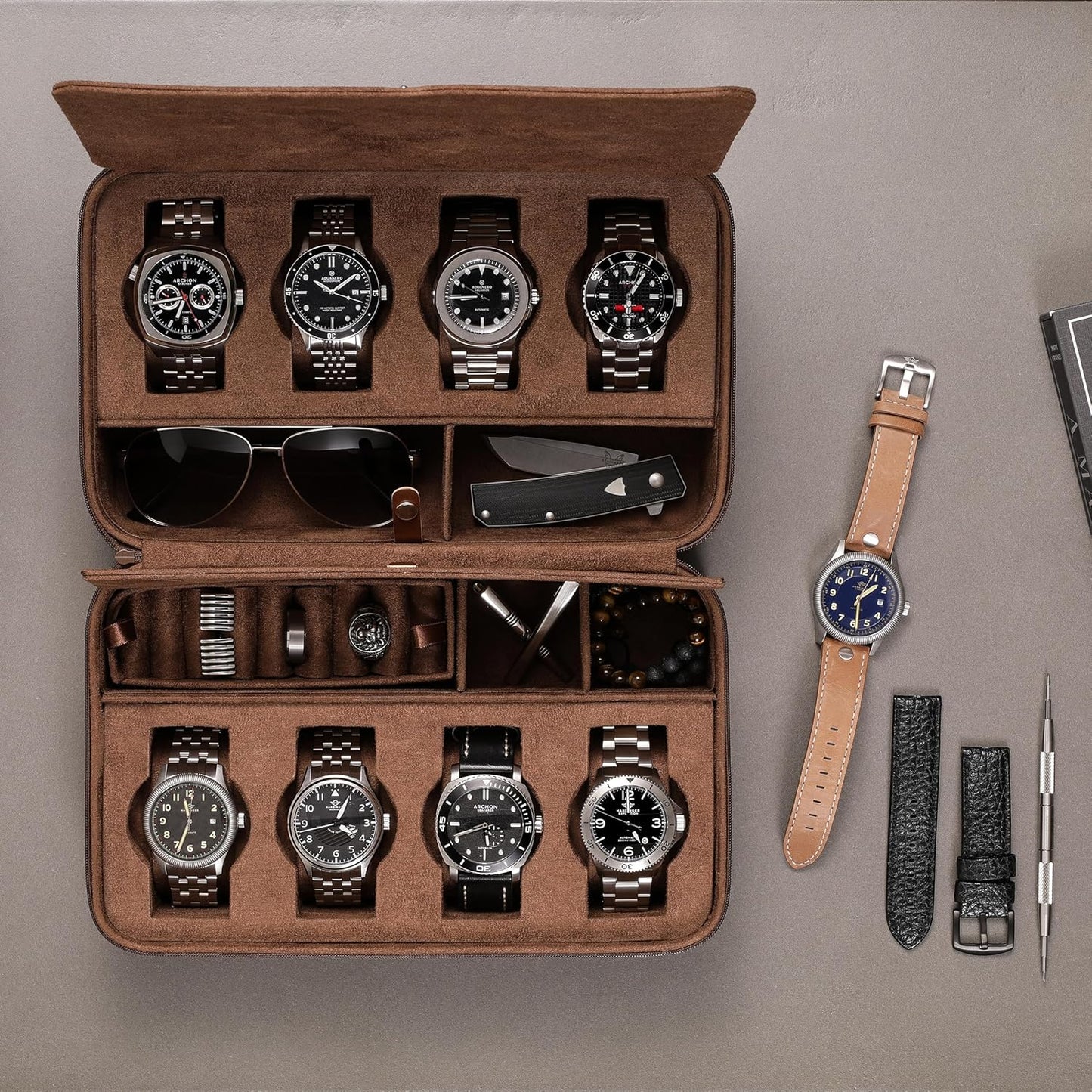 ROTHWELL 8 Watch Travel Case Storage Organizer for 8 Watches, Sunglasses, Rings & Cufflinks |Tough Portable Protection with Zipper Fits Most Wristwatches & Smart Watches Up to 50mm (Tan/Brown)