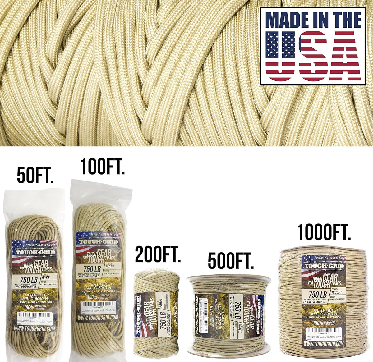 TOUGH-GRID 750 Paracord Rope Nylon Parachute Cord, Made in USA Survival Kit, Outdoor Adventures, Camping, Tactical Gear & Emergency Supplies, Military Type IV Mil-Spec