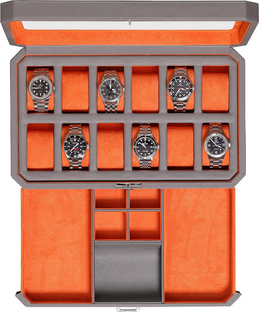 ROTHWELL 12 Slot Leather Watch Box with Valet Drawer - 12 Slot Luxury Watch Case Display Organizer, Microsuede Liner, Mens Accessories Holder, Jewelry Case, Jewelry Display Organizer (Grey/Orange)